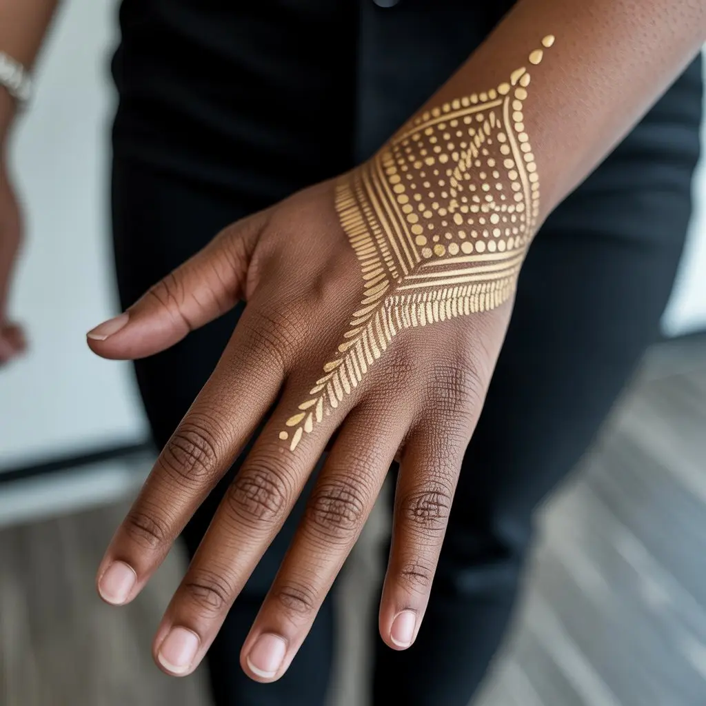 Black women tattoos – henna-inspired tattoo with gold accents on hand, blending tradition and modern elegance in lifelike detail.