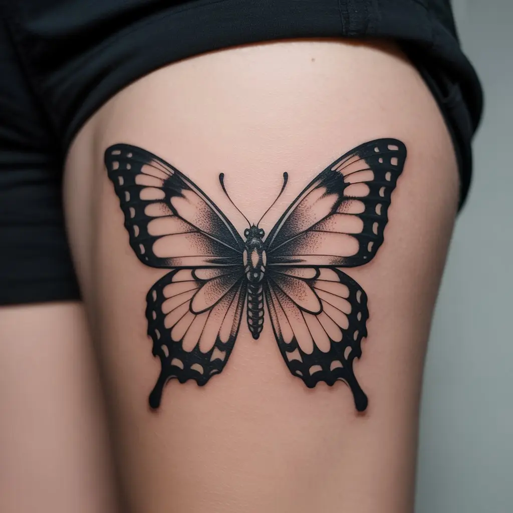 "Feminine power tattoo of a butterfly with geometric armor patterns symbolizing transformation and courage"


