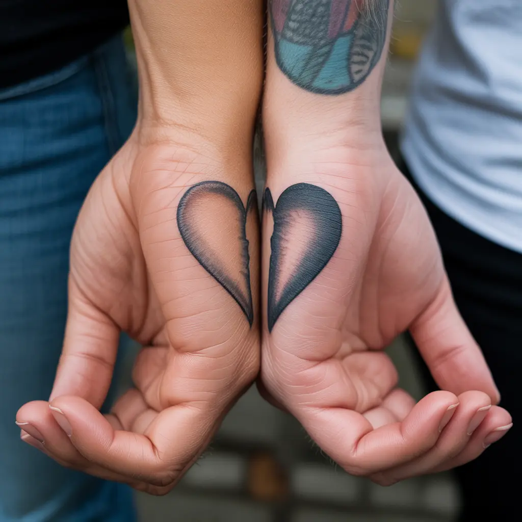 Half-Heart Matching Couple Tattoos – Half-heart matching couple tattoos on outer hands that form a full heart when together. 