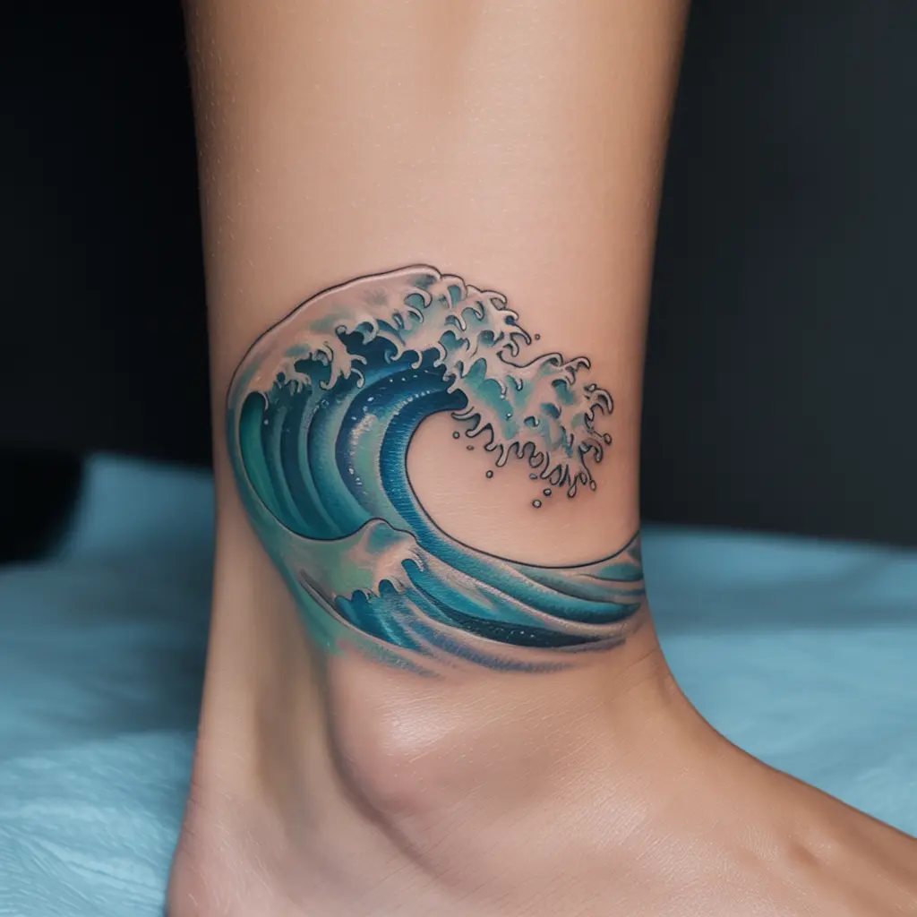 female tattoo ideas ocean wave flow and serenity — Curling ocean wave tattoo on a woman’s ankle, blue water details.

