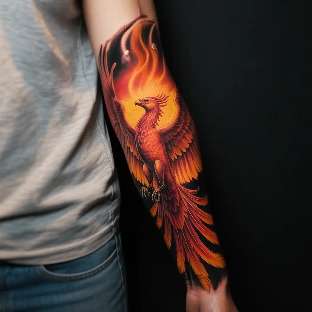 Forearm tattoo women – Phoenix rising forearm tattoo in fiery orange and red tones

