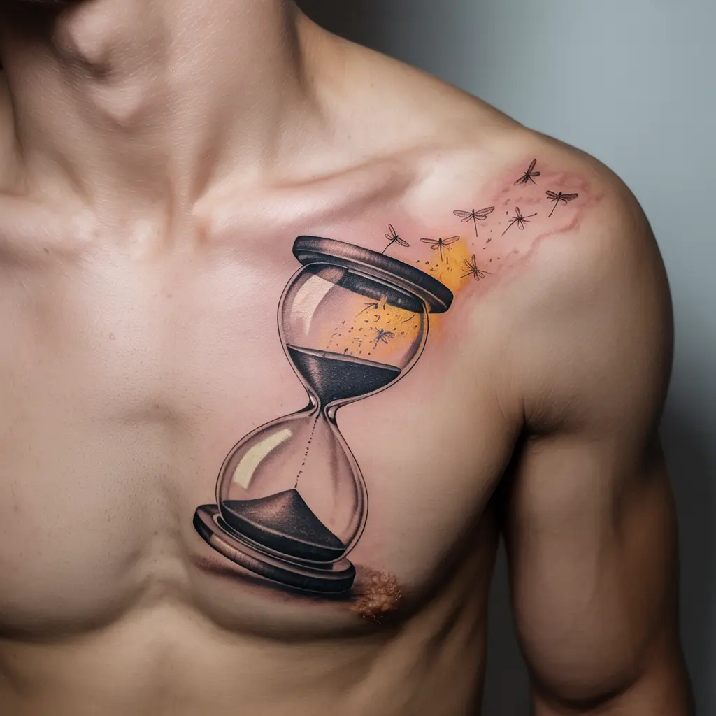 "Ethereal Hourglass with Drifting Fireflies whimsigoth tattoo with gothic hourglass releasing fireflies on chest"
