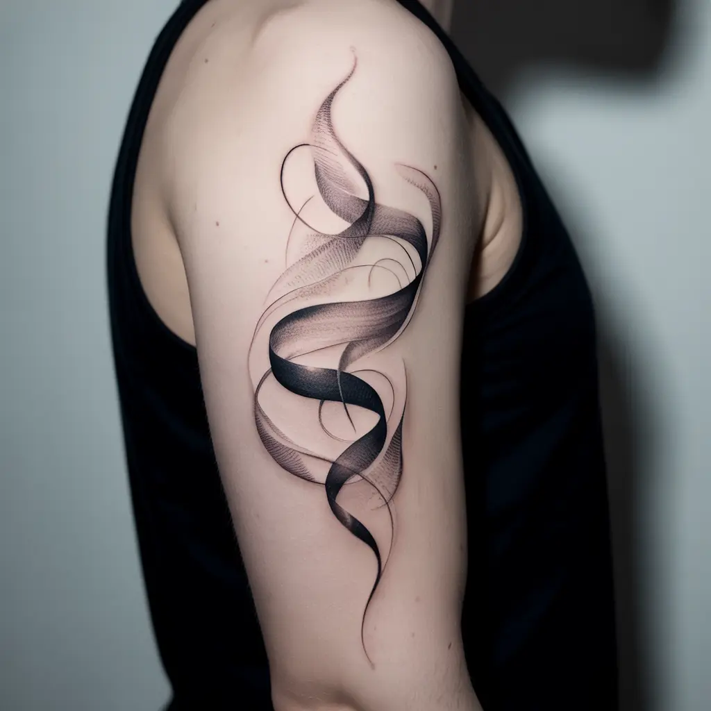 "Abstract tattoo designs — harmonic dissonance tattoo on upper arm with flowing abstract chaotic lines."