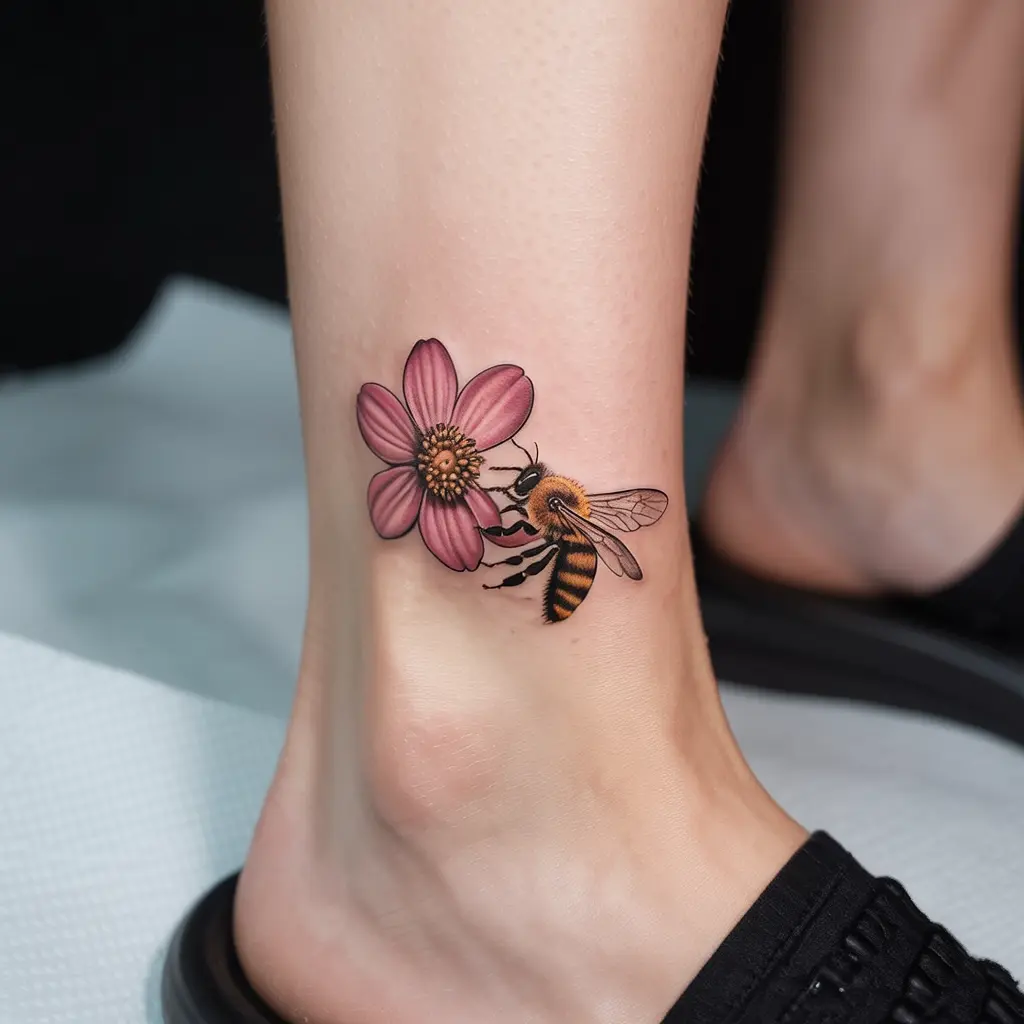 Bee and Blossom Union
"Bee and Blossom Union Honey Bee Tattoo on ankle with bee pollinating flower, delicate design of growth and balance."
