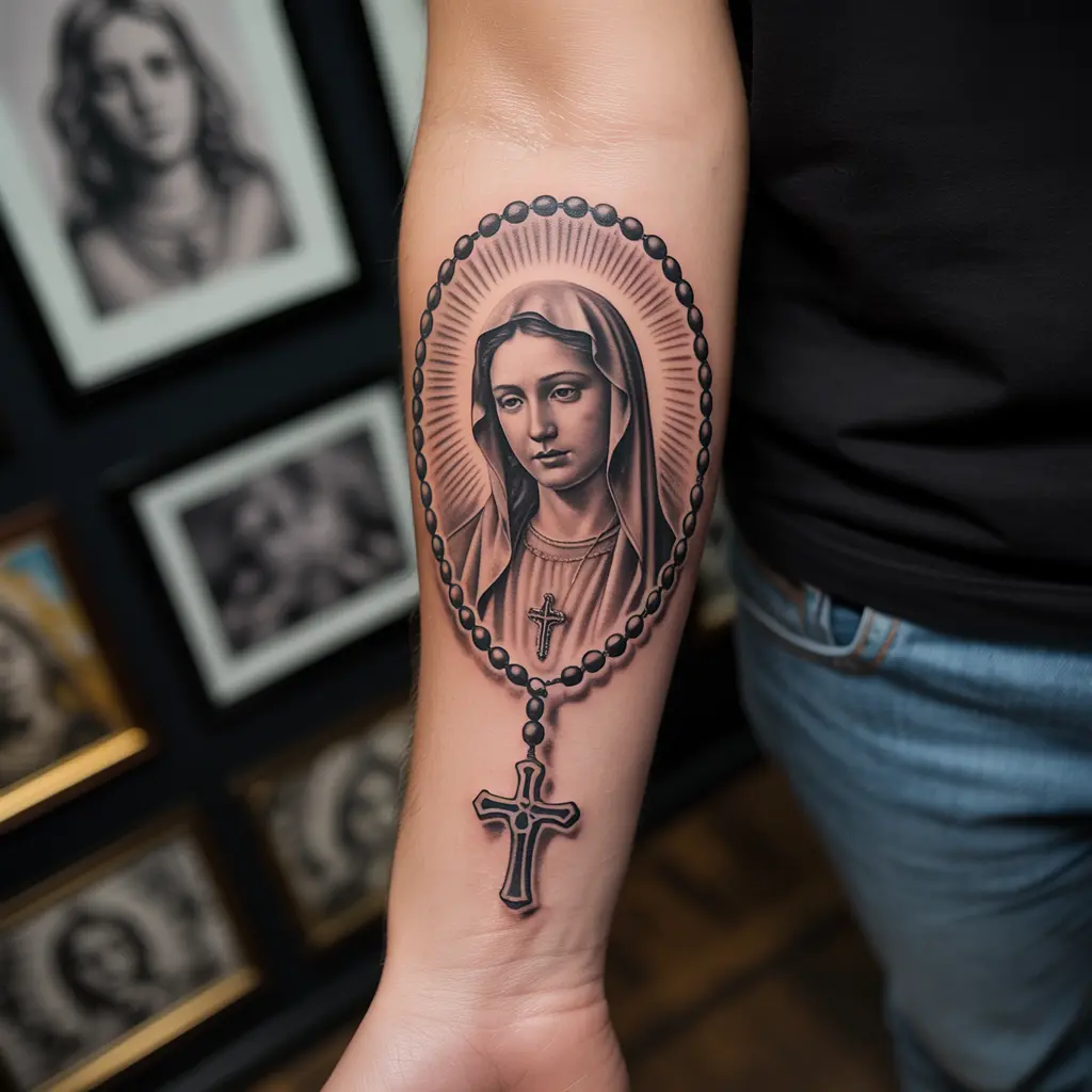 "Virgin Mary tattoo with holy rosary frame on forearm, detailed beads and shading, representing prayer, devotion, and faith."