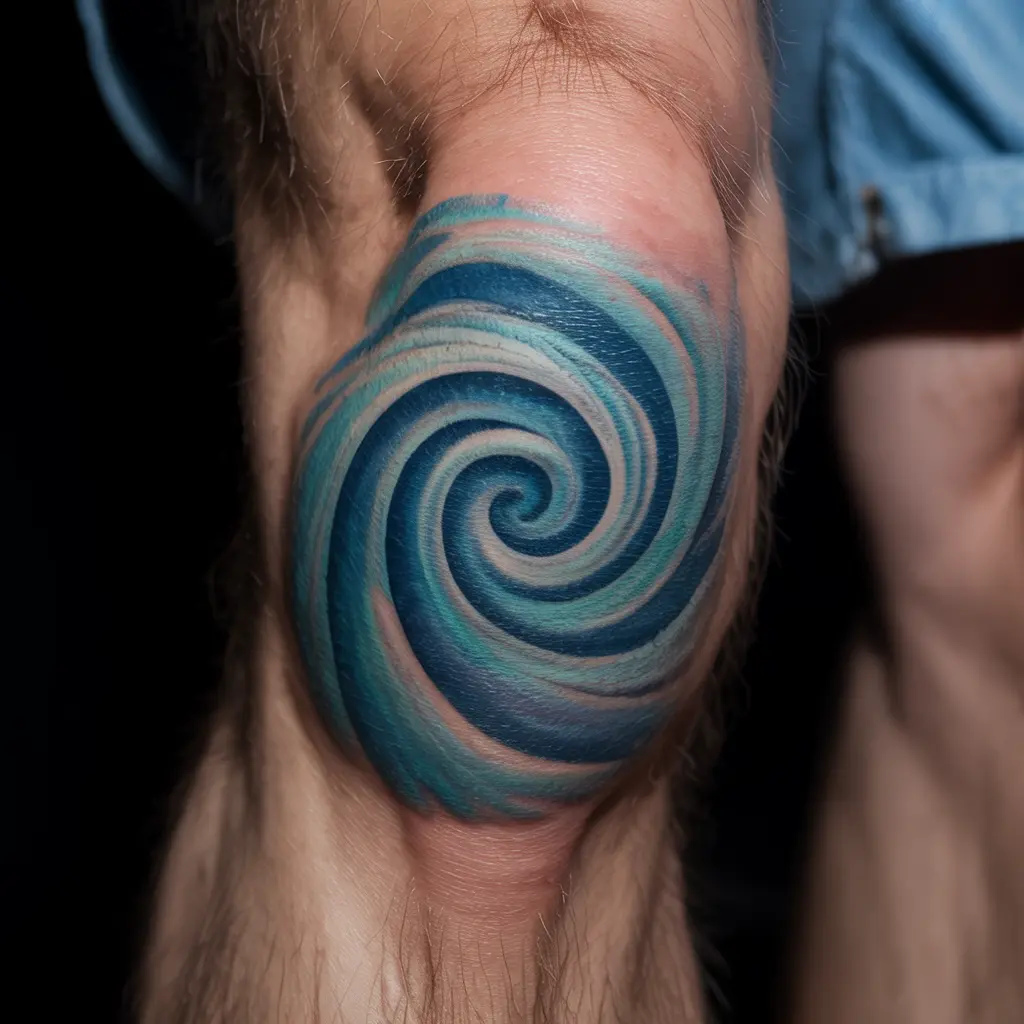 Spiral wave knee cap tattoo in shades of blue and turquoise with white highlights.

