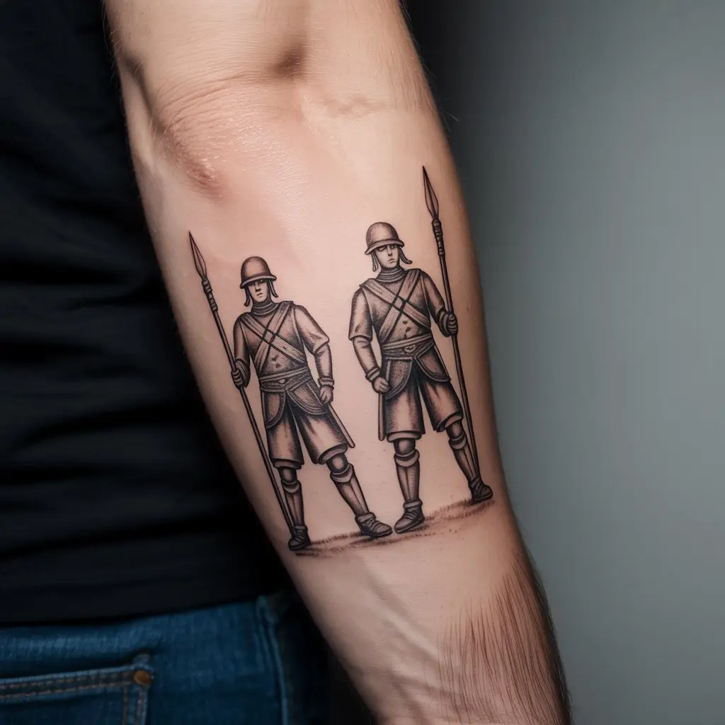 “Unique Alice in Wonderland tattoo of card soldiers with spears on forearm sleeve, black and gray design representing loyalty, rebellion, and order.”