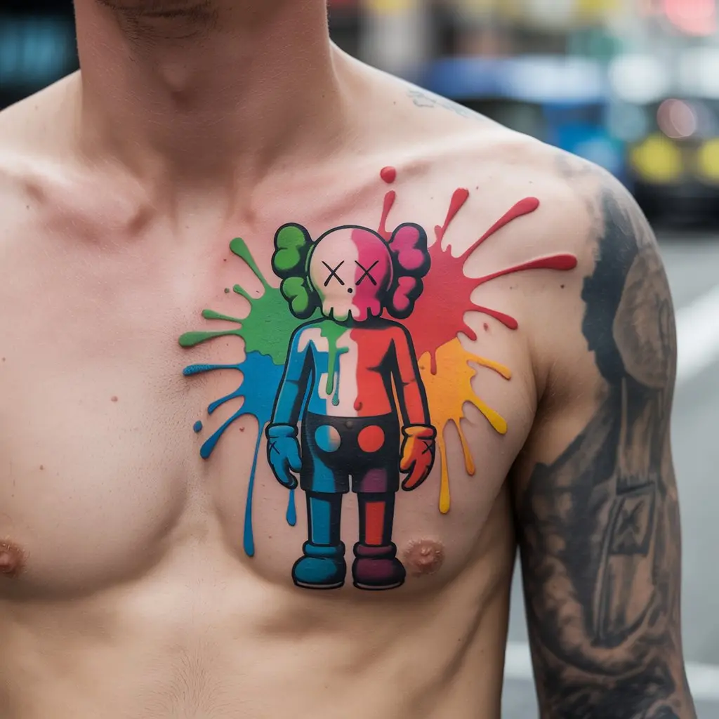 KAWS tattoo with vibrant paint splashes around a Companion figure, chest design representing artistic energy.