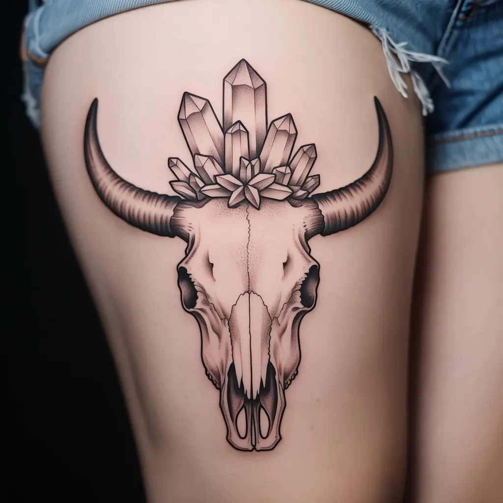 "Cow skull tattoo with crystals on horns, inked on thigh, symbolizing mystical energy, spirituality, and inner strength."