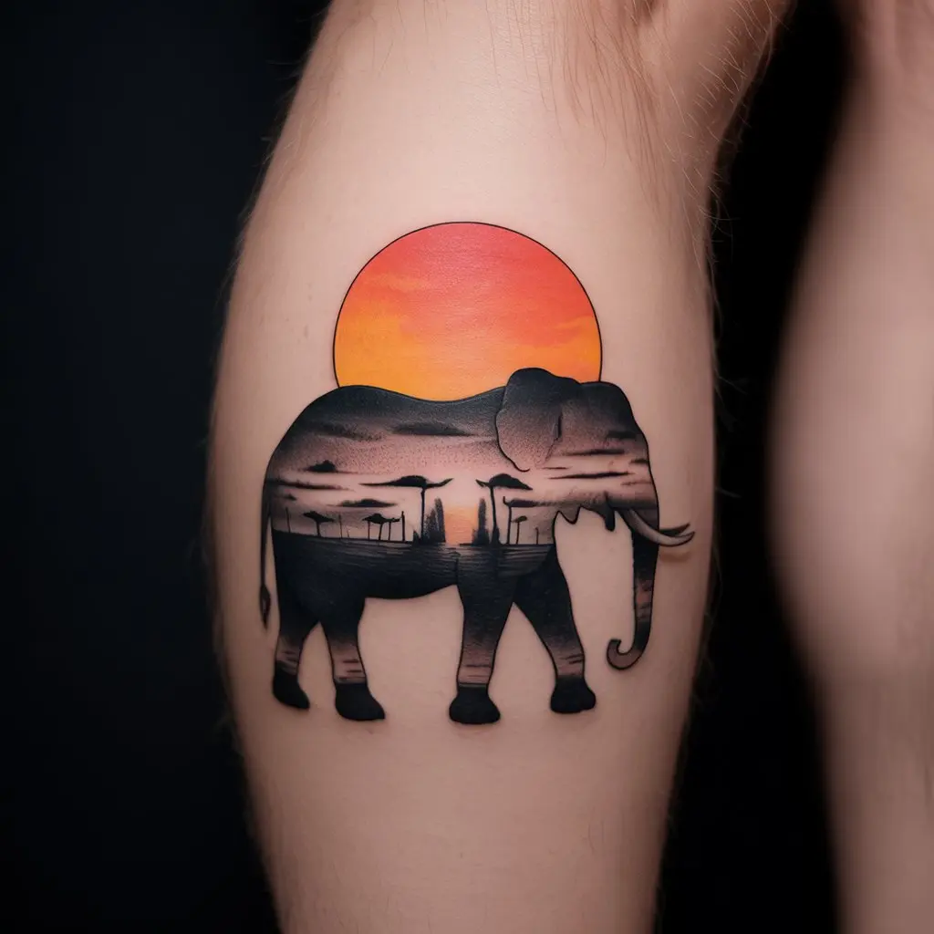 "Elephant tattoo with rising sun on calf, realistic silhouette elephant tattoos representing hope, positivity, and new beginnings."