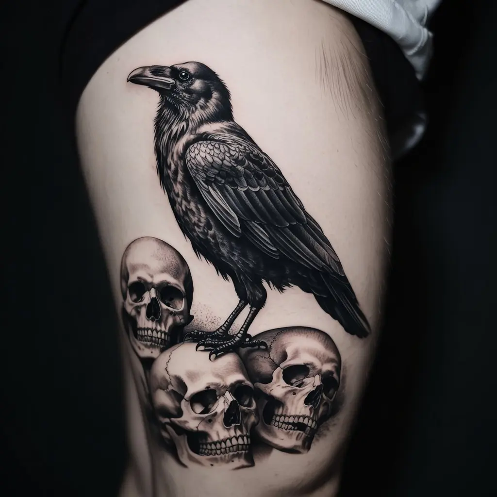 “Outer thigh raven tattoo with skulls around the bird, black and gray ink symbolizing life, death, and protection.”