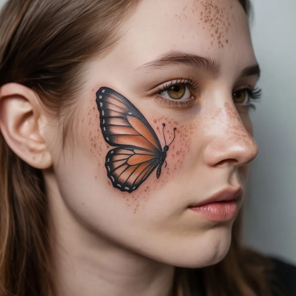 Butterfly Wing Freckle Tattoo – Butterfly wing freckle tattoo outline across cheek, nature-inspired feminine look.

