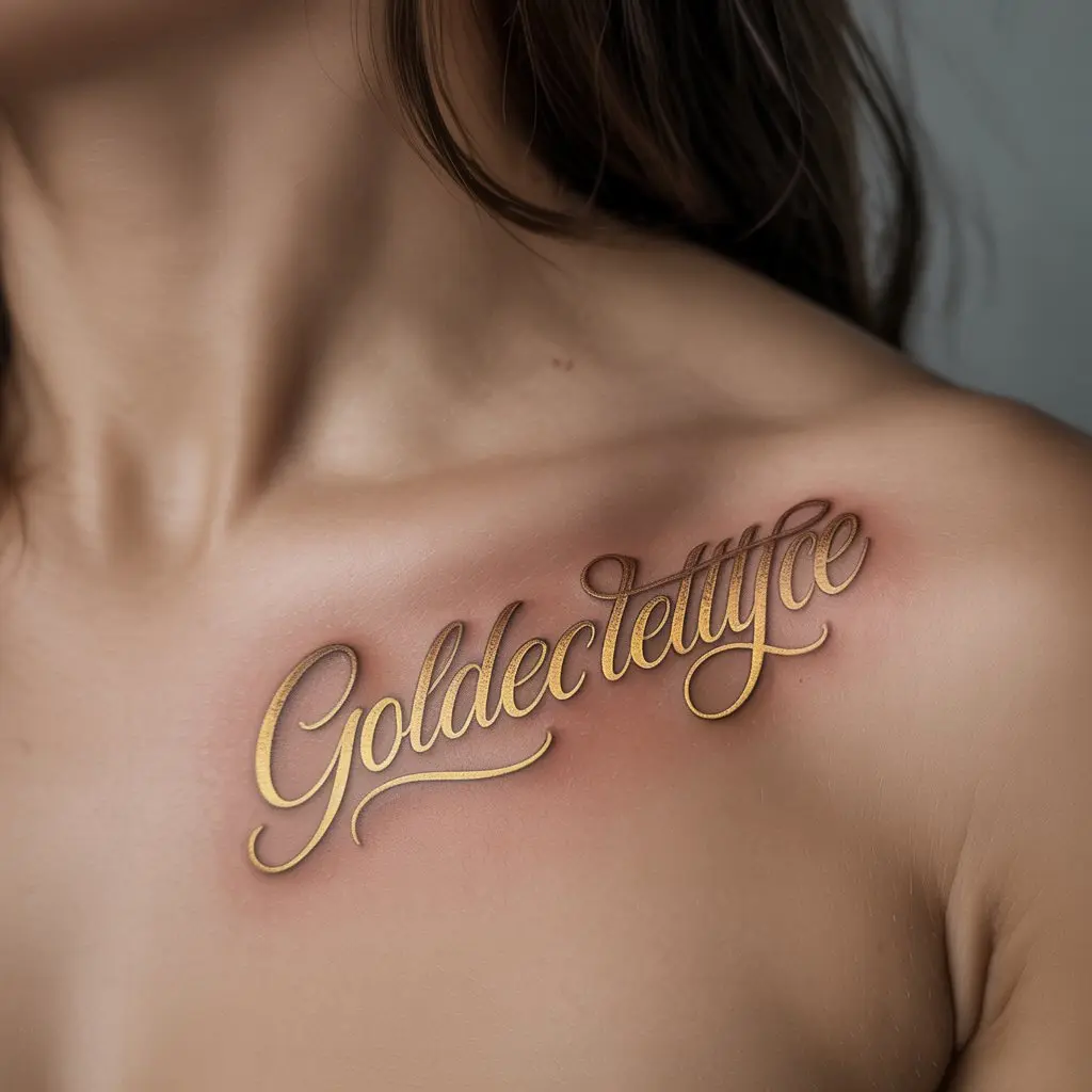 Gilded Script collar bone tattoo with elegant cursive lettering in gold-inspired ink effect for a luxurious and personal touch.