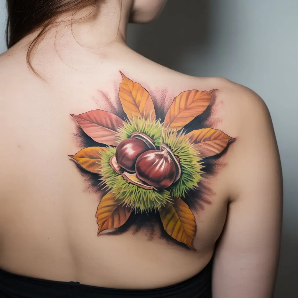 "Chestnut Kiss and Amber Hues fall tattoo on upper back, chestnuts surrounded by amber autumn leaves"