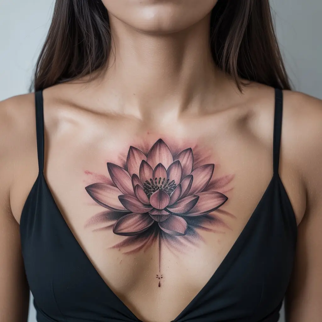 Lotus Horizon — Serenity Over the Sternum
Lotus Horizon chest tattoo female with large lotus flower and watercolor pink highlights over the sternum.