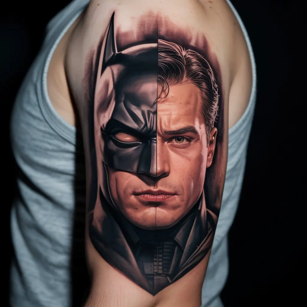 “Upper arm Batman tattoo with half-mask design fading into Bruce Wayne’s face, representing duality and hidden identity.”