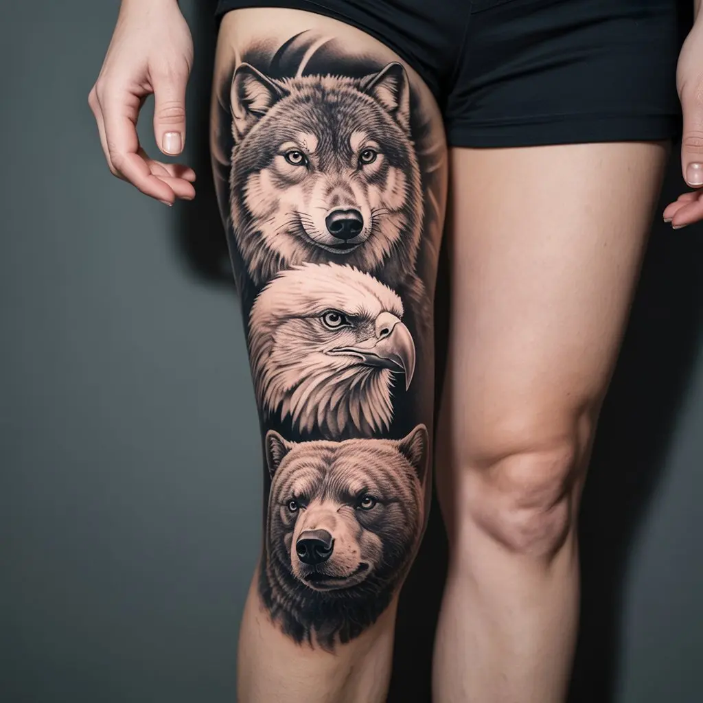 Animal Totem Sleeve – leg tattoos women featuring a wolf, eagle, and bear in detailed realism wrapping around the leg.

