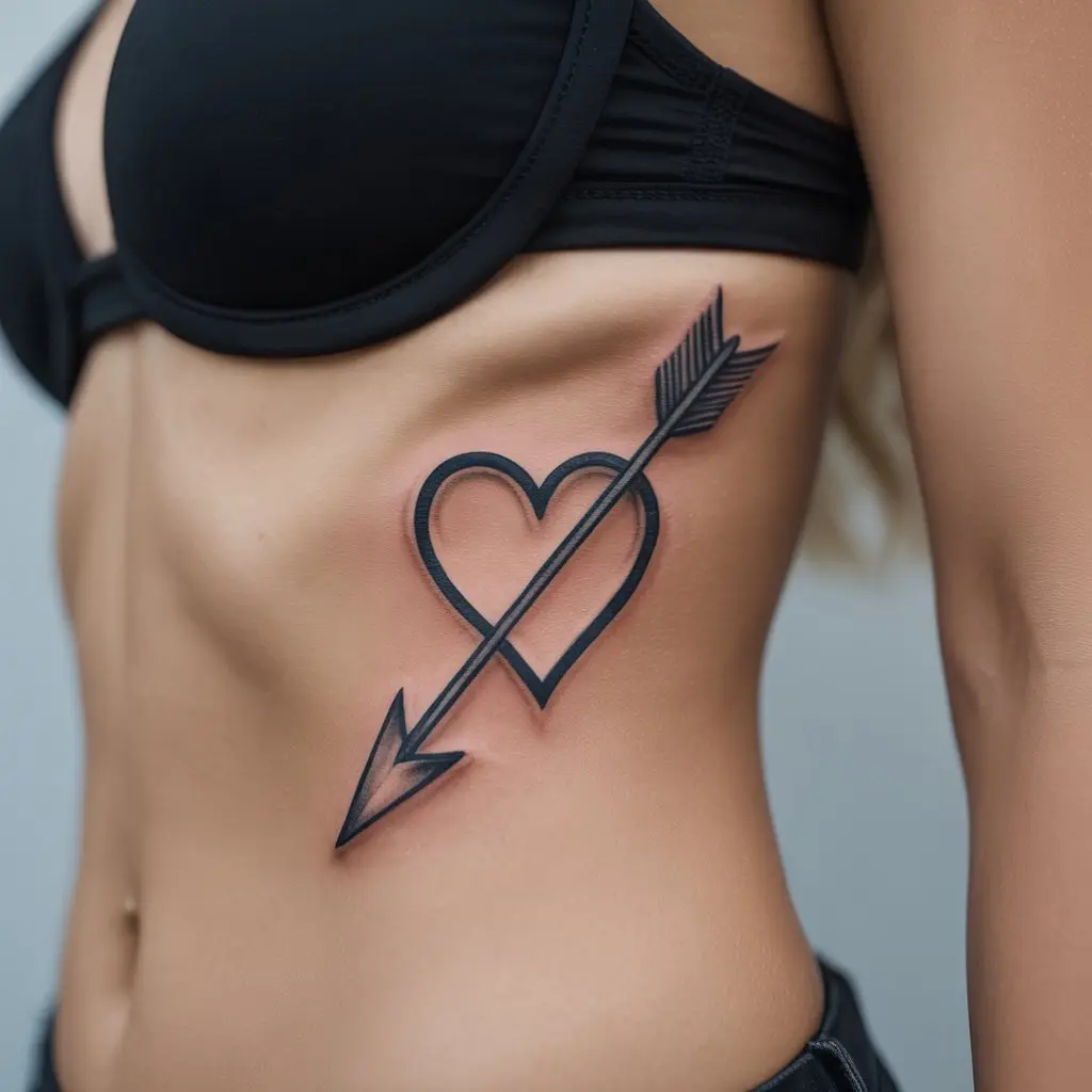 "Feminine power tattoo of an arrow piercing a heart representing resilience and deep love"

