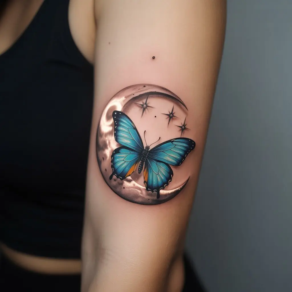 female tattoo ideas butterfly with crescent moon transformation under the night sky — Butterfly with crescent moon tattoo on a woman’s forearm.


