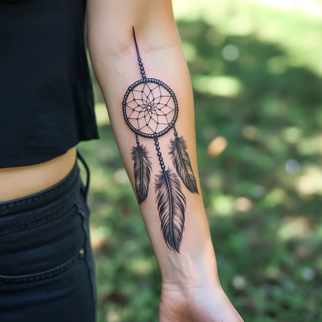 Forearm tattoo women – Dreamcatcher forearm design with realistic feather and bead details

