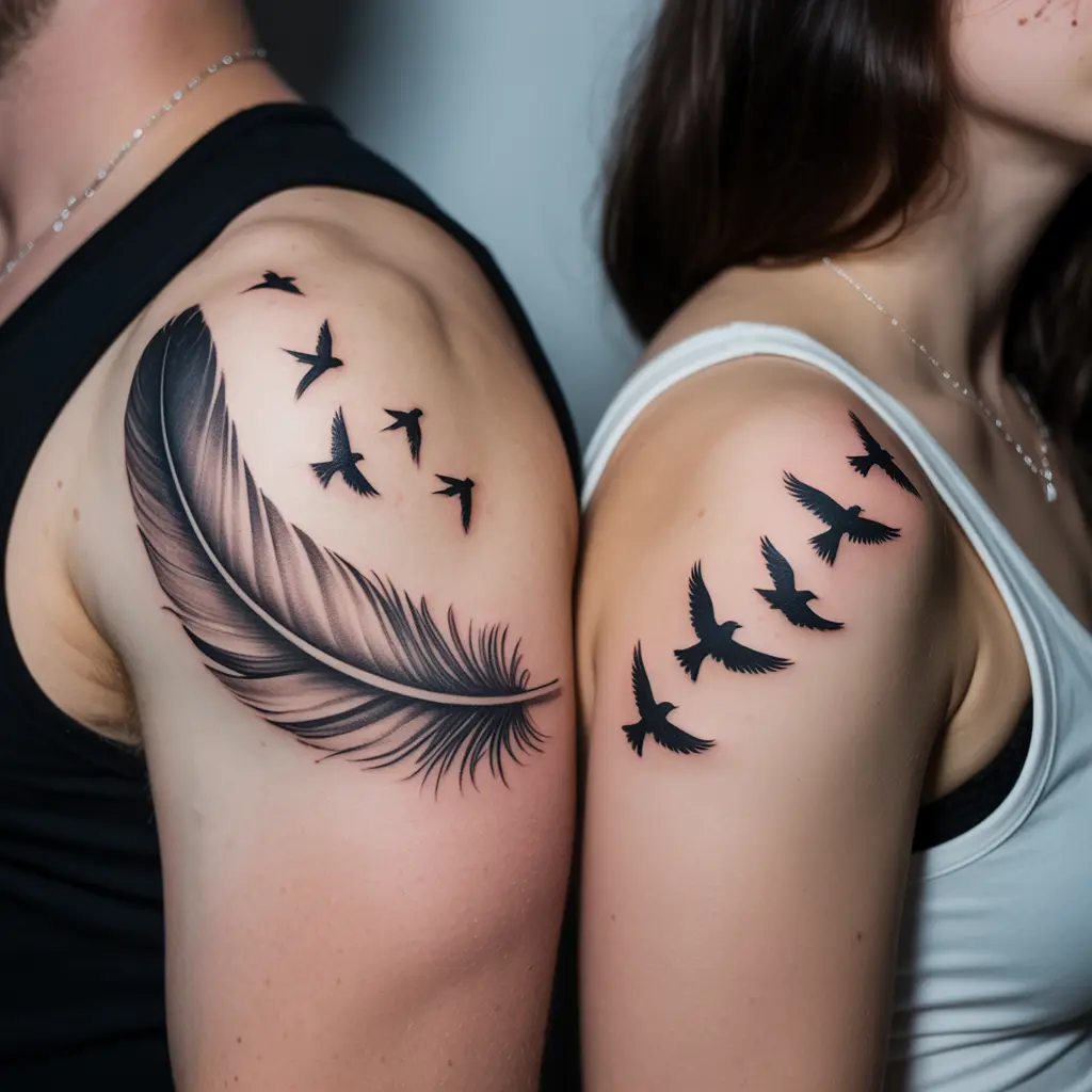 Feather and Birds Matching Couple Tattoos – Feather and birds matching couple tattoos on shoulders, elegant and free-spirited couple design. 
