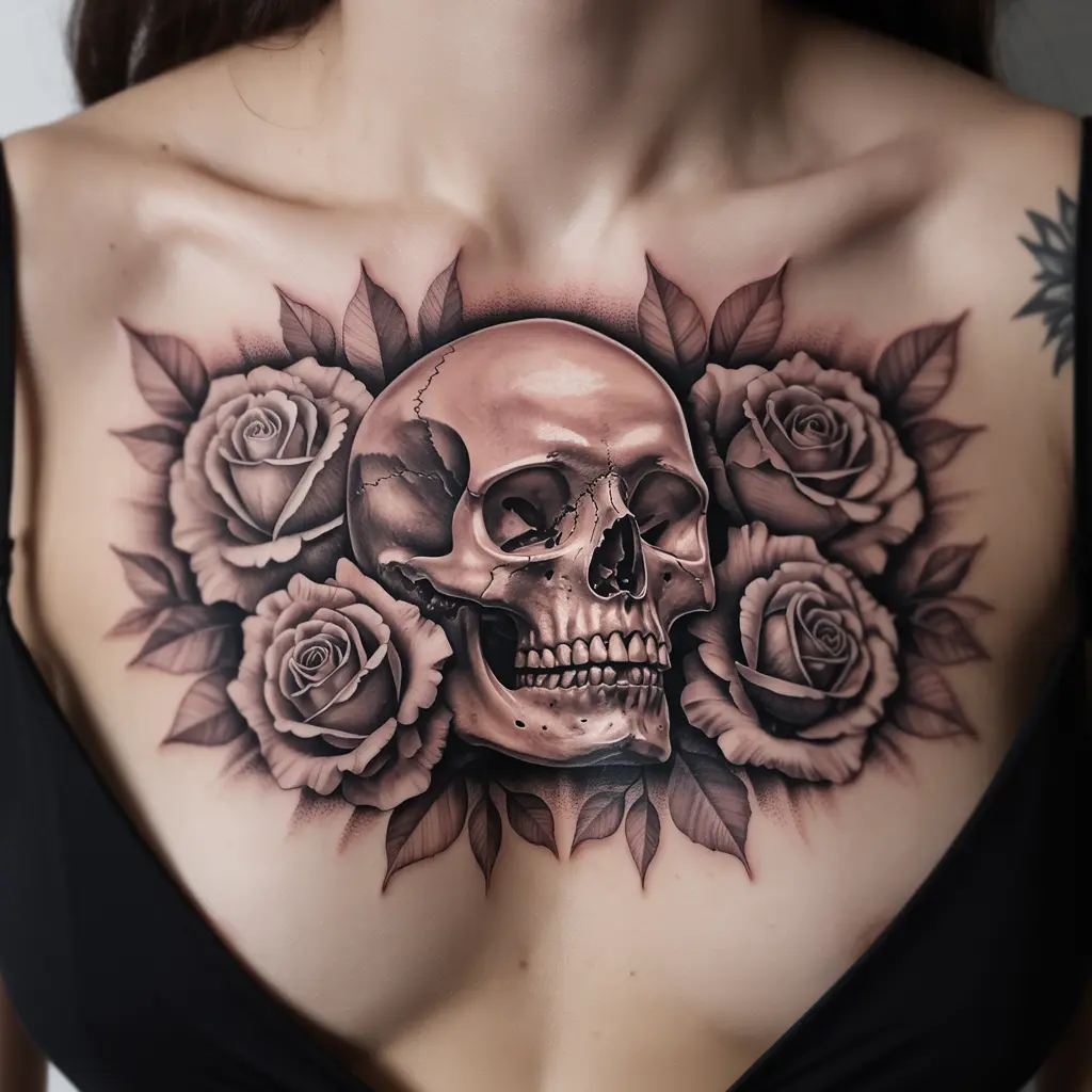 Velvet Skull Garden — Soft & Dark Fusion Art
Velvet Skull Garden chest tattoo female with small skull surrounded by detailed roses in black and grey.