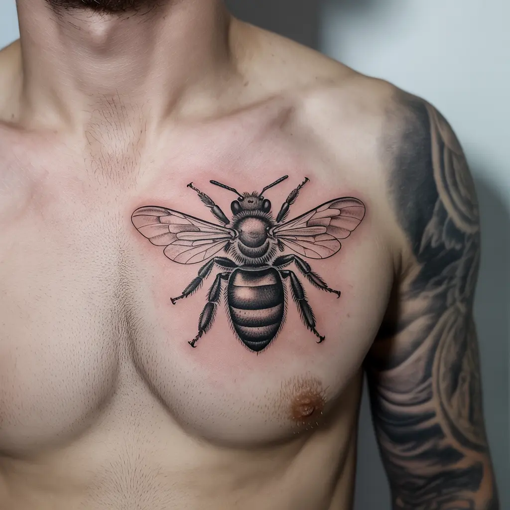 The Worker’s Crown
"The Worker’s Crown Honey Bee Tattoo on chest with bold worker bee in black shading, honoring dedication and perseverance."