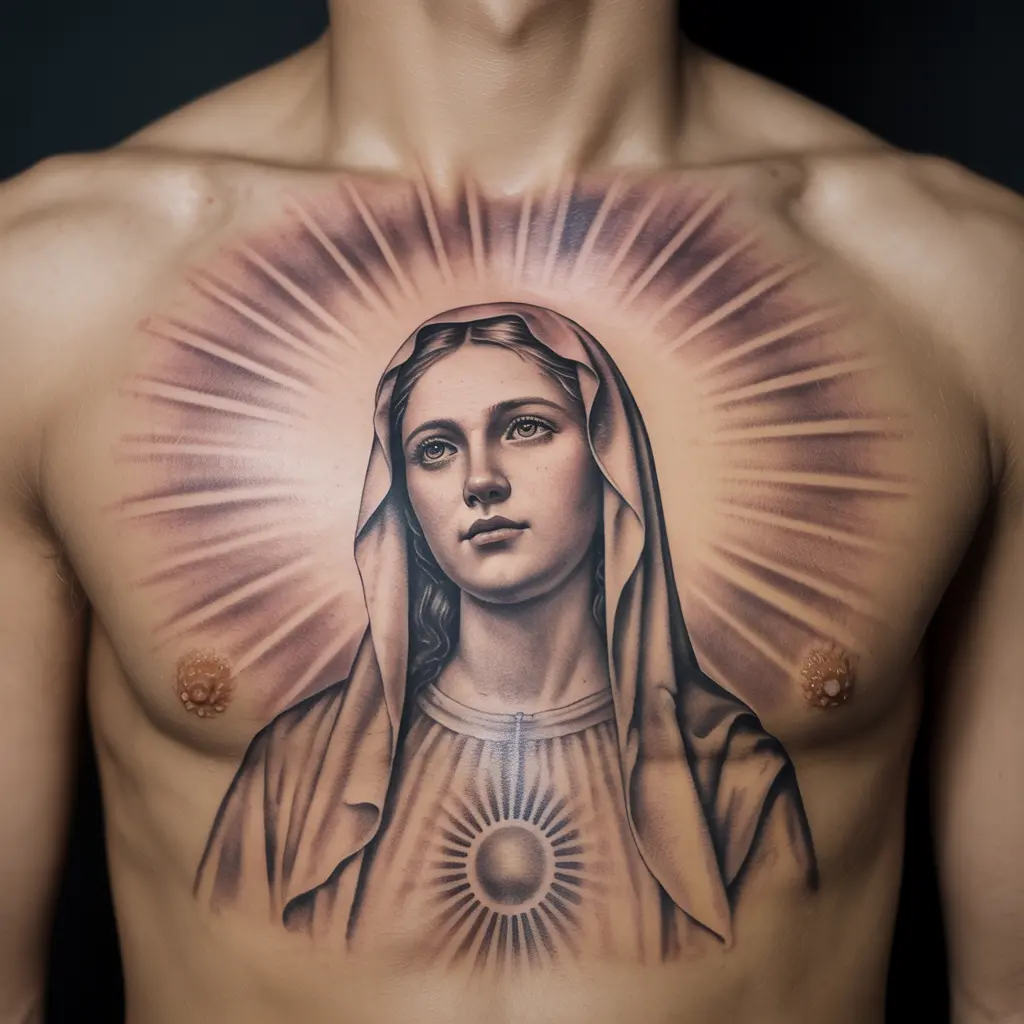 "Virgin Mary of the dawn tattoo with sunrise background, realistic shading, symbolizing new beginnings and hope, placed on chest."