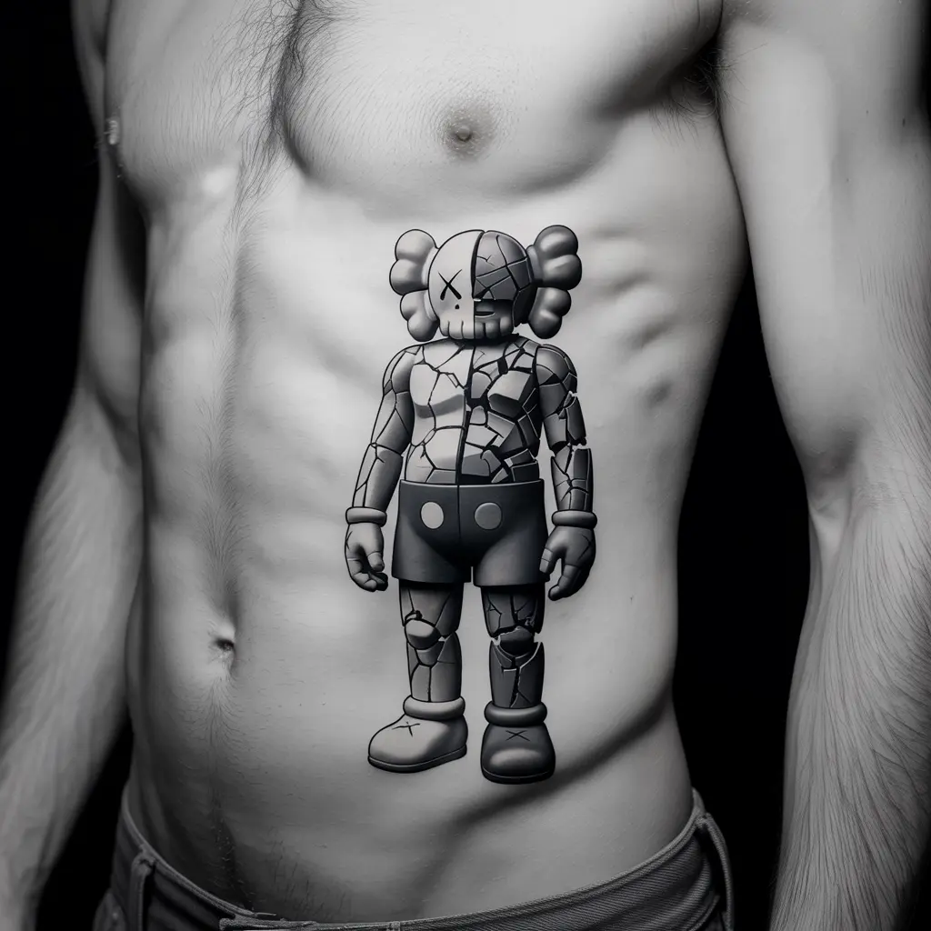 KAWS tattoo of a fragmented Companion, ribcage design in black and grey realism showing struggle and healing.