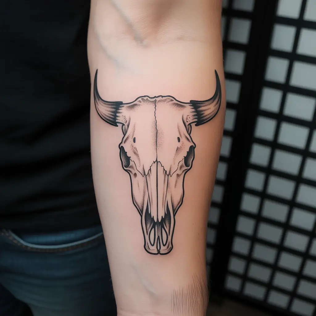 "Traditional cow skull tattoo in bold ink on forearm, inspired by classic tattoo style, symbolizing strength and endurance."