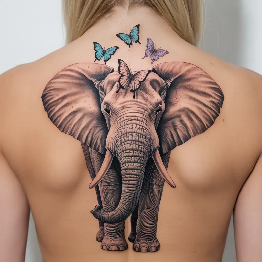 "Elephant tattoo with butterflies on upper back, black and grey elephant tattoos with colorful butterflies symbolizing growth and transformation."