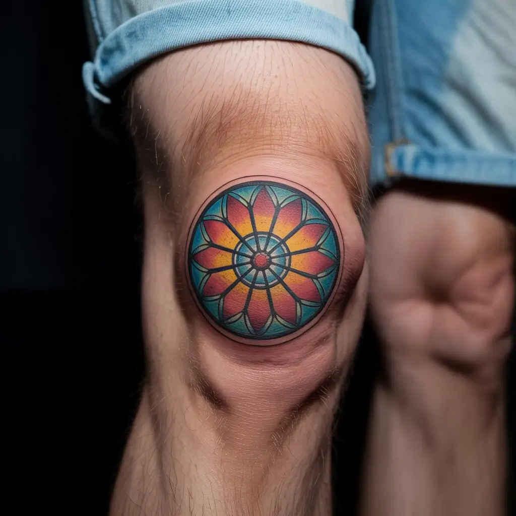 Rose window knee cap tattoo with intricate stained-glass design in bright jewel tones.

