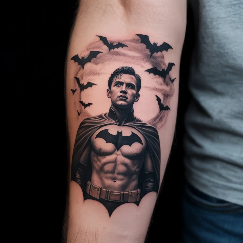 “Forearm Batman tattoo showing young Bruce surrounded by bats transforming into Batman, symbol of transformation and legend.”