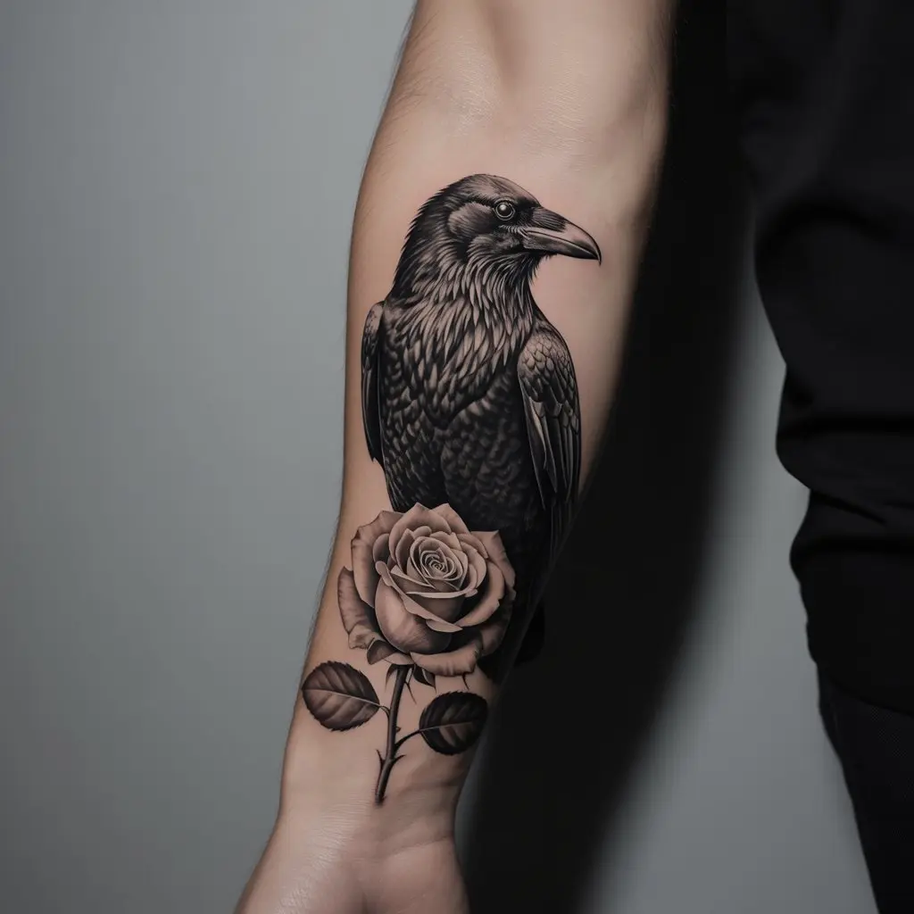 “Forearm raven tattoo perched beside a rose, realistic shading with symbolic meaning of love and mystery.”