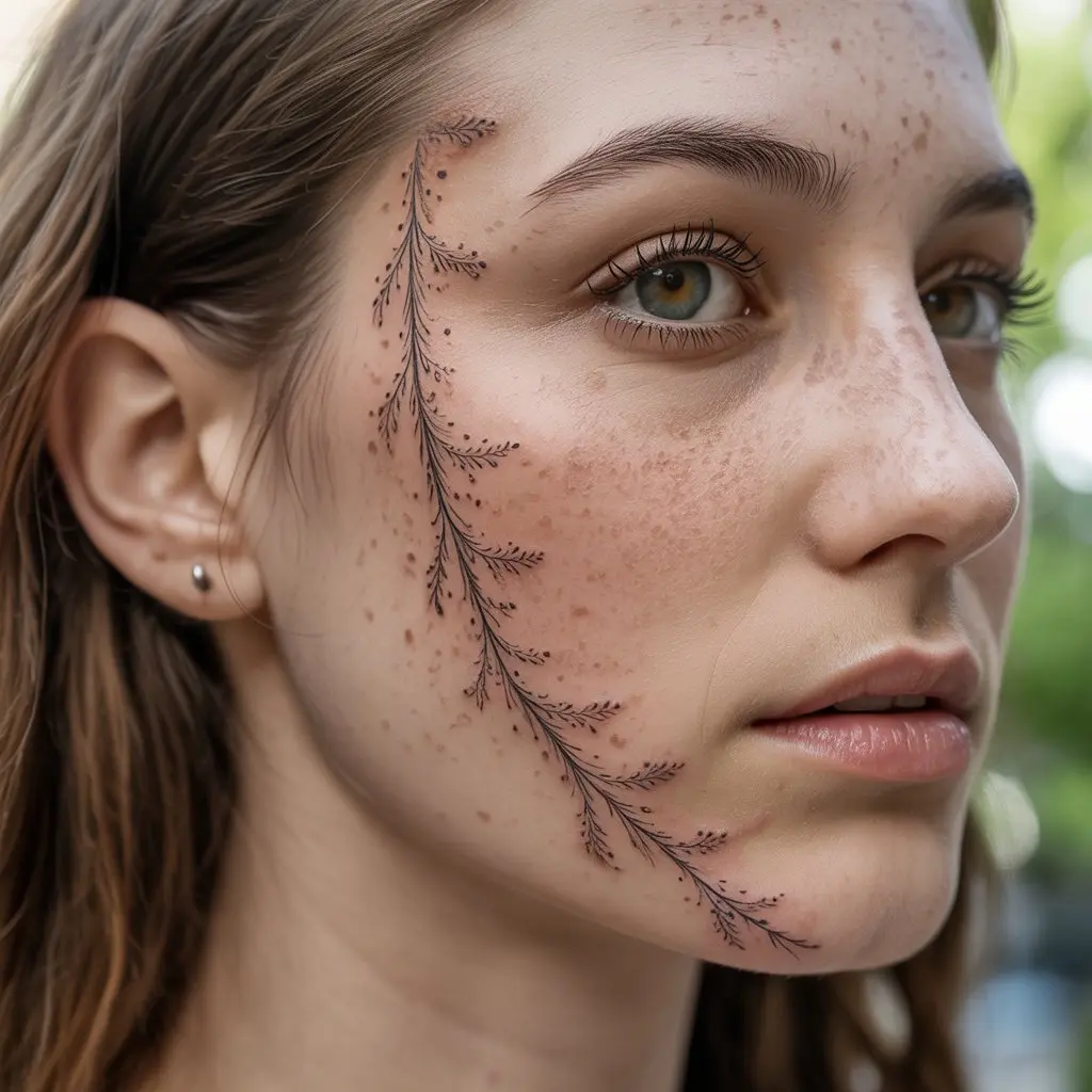 Lace Freckle Tattoo – Lace-pattern freckle tattoo across cheeks and temples, intricate and elegant style.

