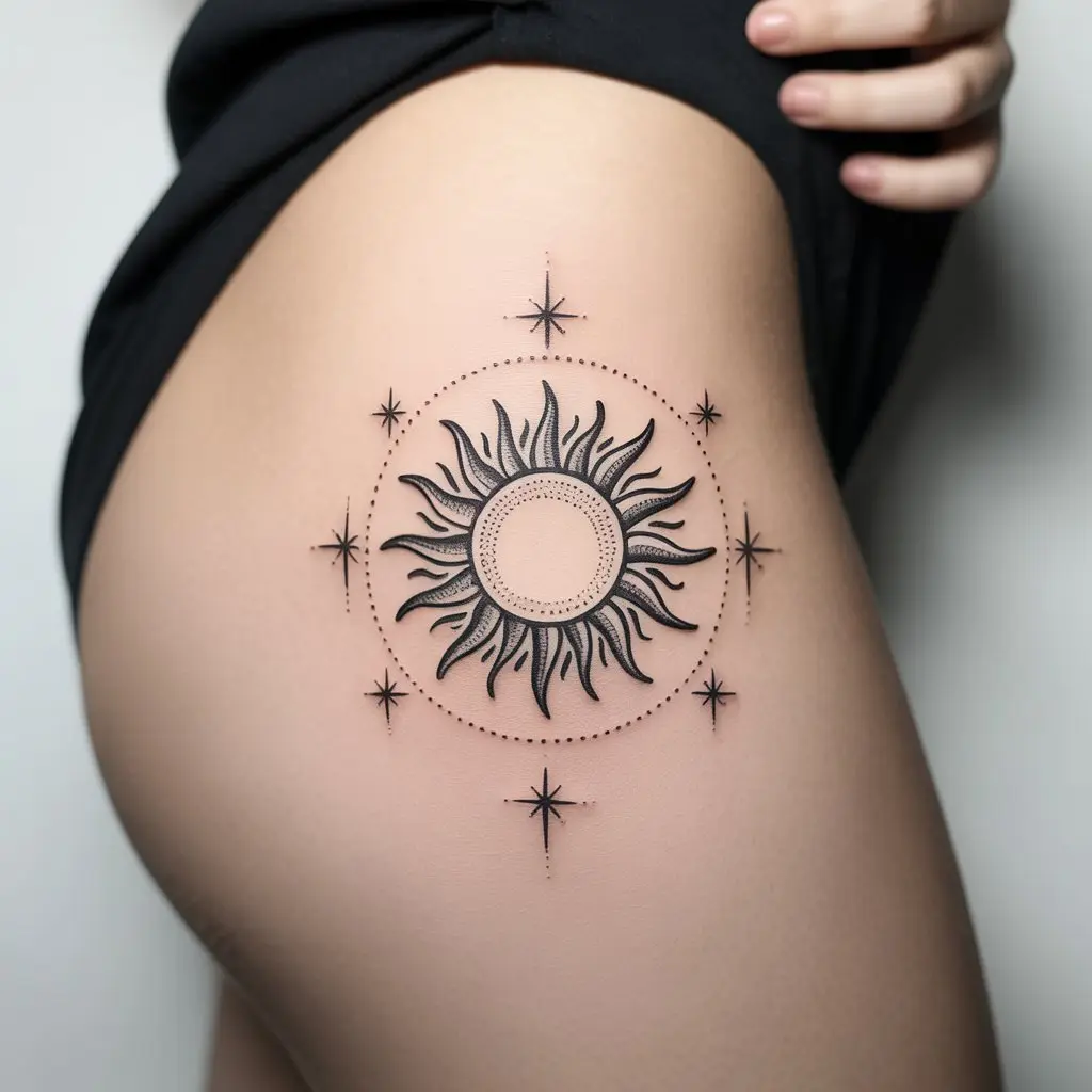 sun and stars under thigh tattoos women, celestial tattoo design on thigh, cosmic and mystical body art