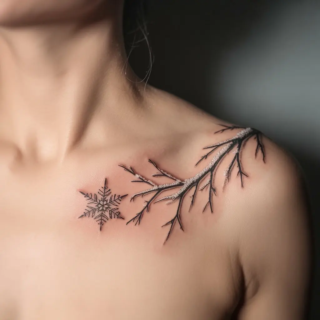 Frost Bloom collar bone tattoo featuring a delicate snowflake and frosted branches for a winter-inspired body art design.