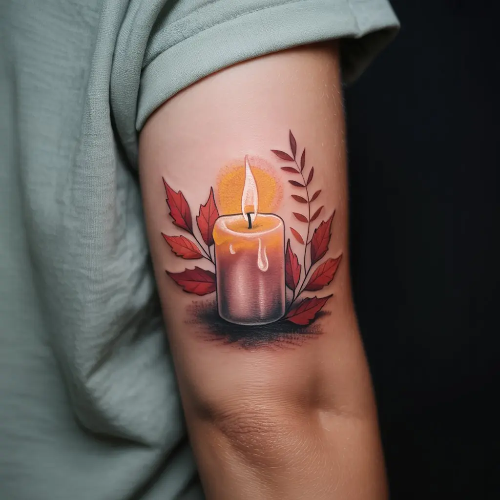 "Candlelight & Crimson Leaves fall tattoo on forearm, glowing candle with crimson autumn leaves"