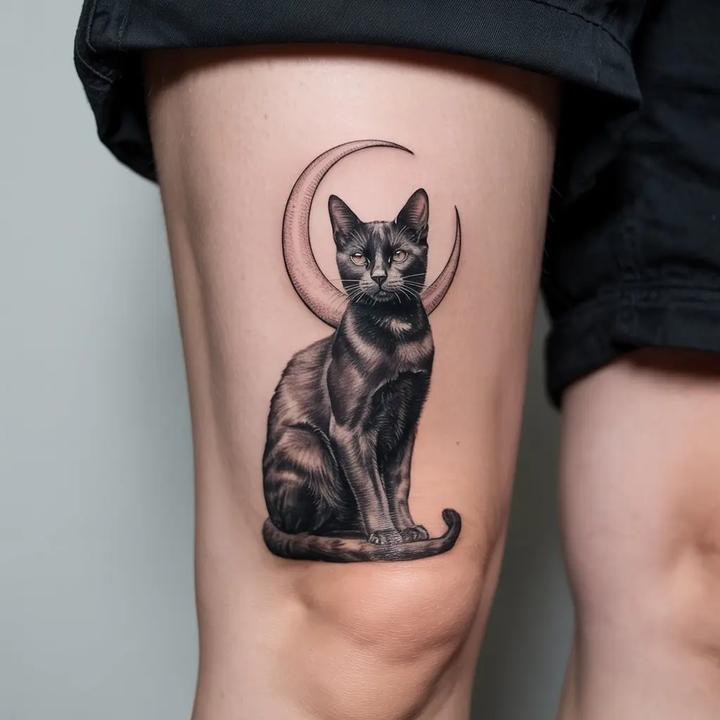 "Crescent-Crowned Black Cat Familiar whimsigoth tattoo of black cat with moon crown on calf"