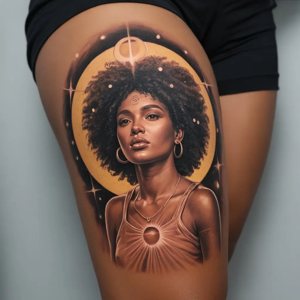Black women tattoos – goddess figure with afro hair tattoo on thigh, surrounded by celestial details in realistic style.