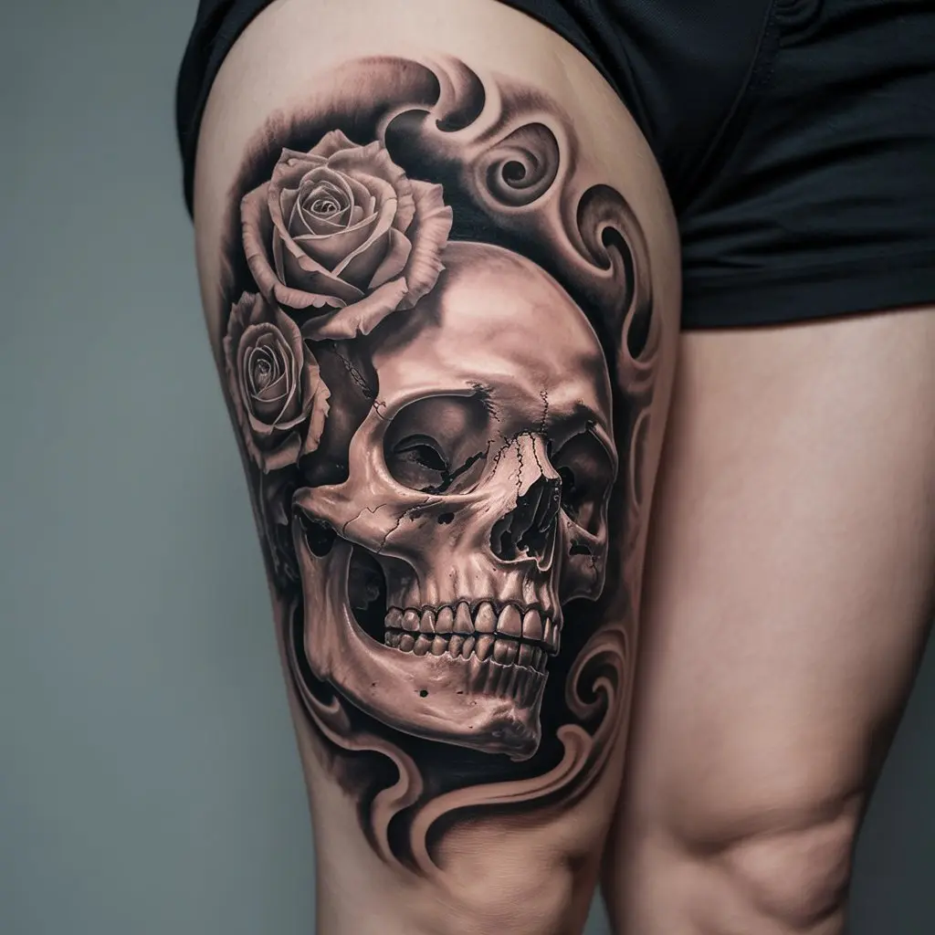 Gothic Skull Art – leg tattoos women with a skull surrounded by roses and smoke in black and grey.

