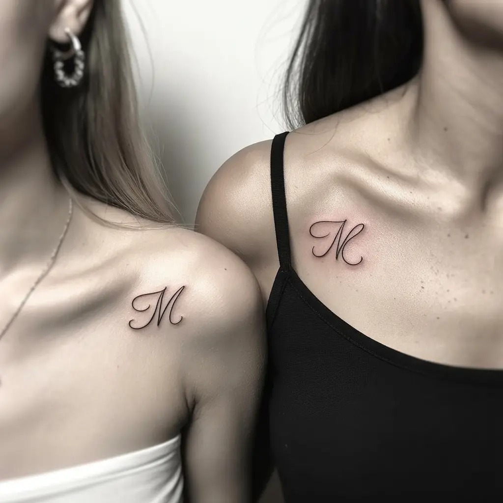 Minimalist Initials Matching Couple Tattoos – Fine-line initials matching couple tattoos on collarbones, simple and intimate ink. 