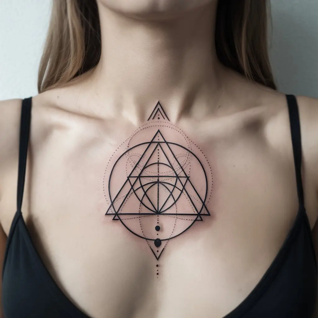 female tattoo ideas sacred geometry harmony in design — Sacred geometry tattoo on a woman’s sternum, black and grey ink.

