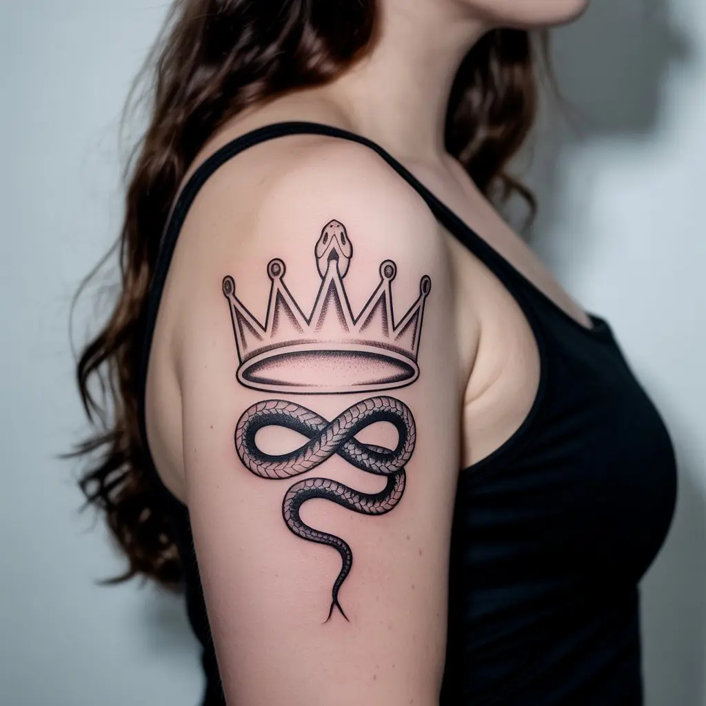 "Feminine power tattoo of a coiled snake forming a crown symbolizing wisdom and transformation"

