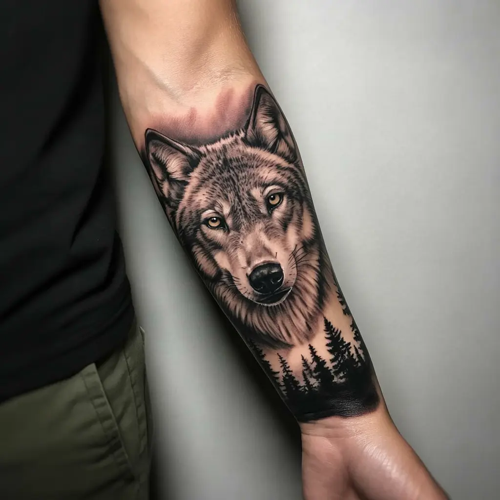 Forearm tattoo women – Wolf and forest scene forearm tattoo in black and grey realism

