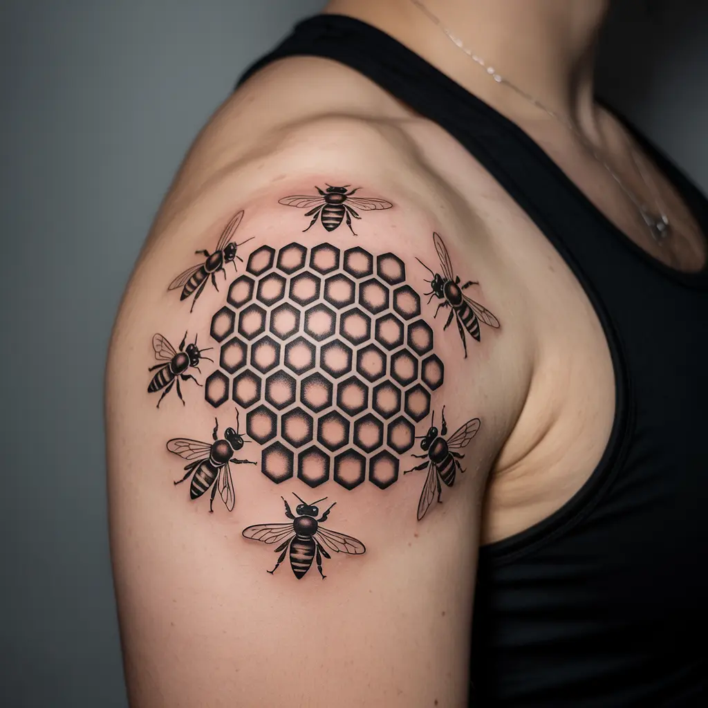 Harmony in the Hive
"Harmony in the Hive Honey Bee Tattoo on shoulder with symmetrical honeycomb and bees, symbol of peace and order."