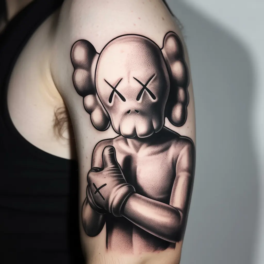 Masked KAWS tattoo design on upper arm, symbolizing hidden truths, strength, and survival.