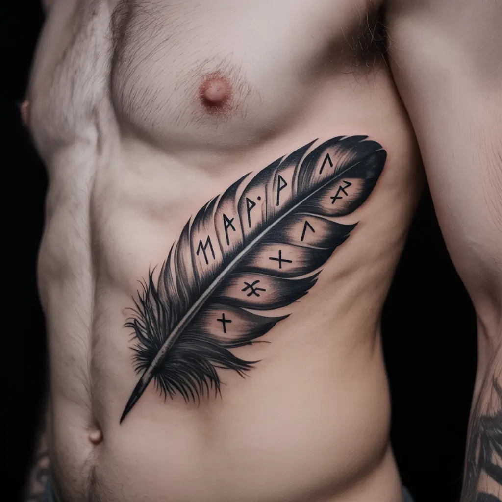 “Ribcage raven tattoo showing feathers etched with runes, Viking-inspired black and gray design with magical symbolism.”