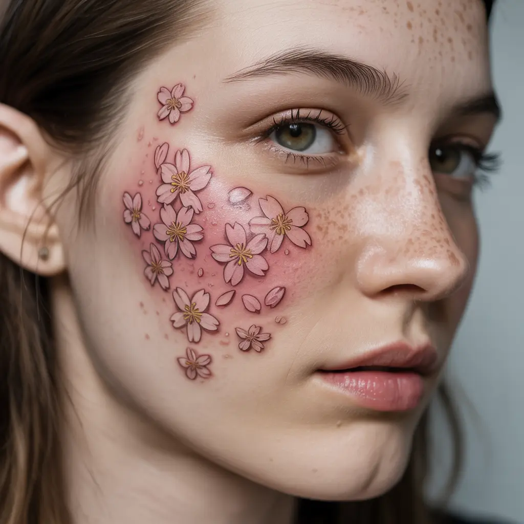 Cherry Blossom Freckle Tattoo – Cherry blossom-shaped freckle tattoo in pink and brown ink, springtime beauty design.


