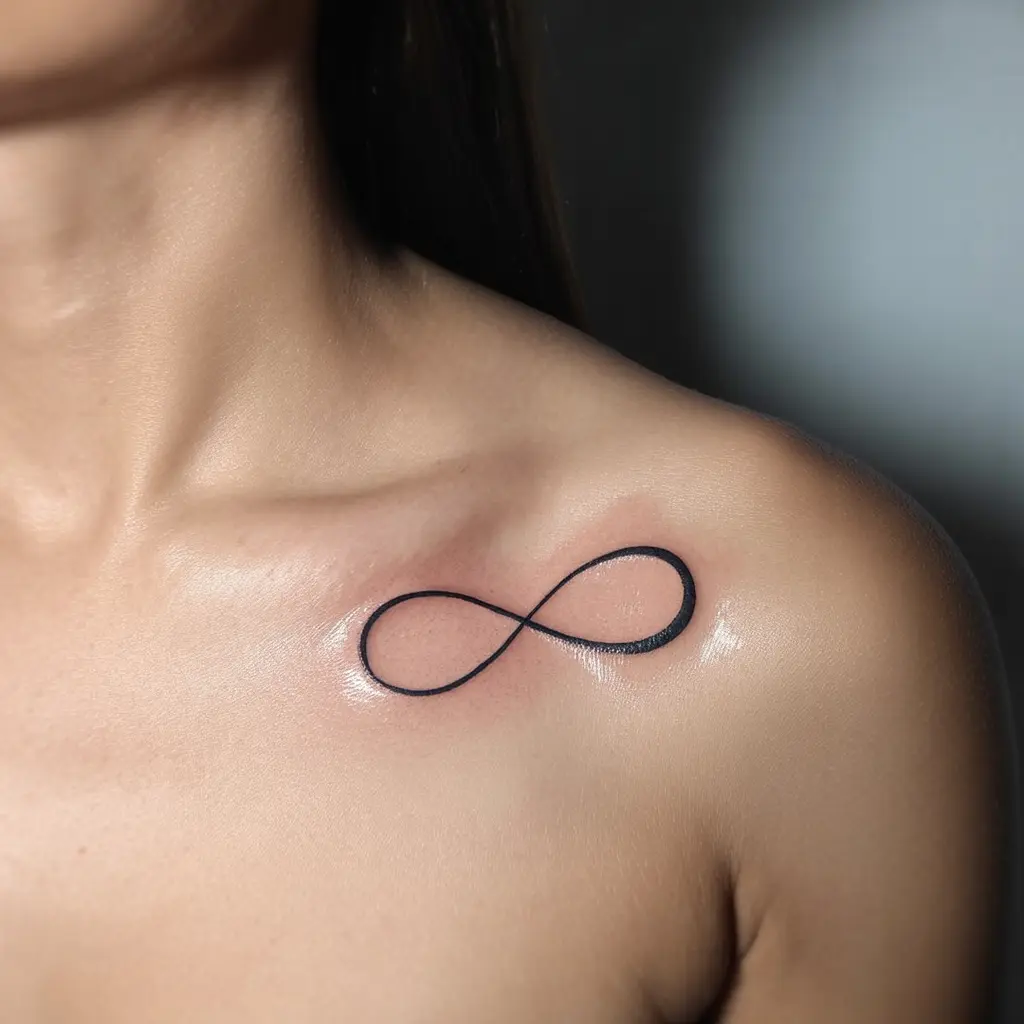 Infinity Curve collar bone tattoo with a thin infinity symbol following the natural curve of the bone, representing eternal bonds.